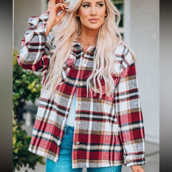 RED Geometric Plaid Print Pocketed Shacket NEW - Picture 1 of 1